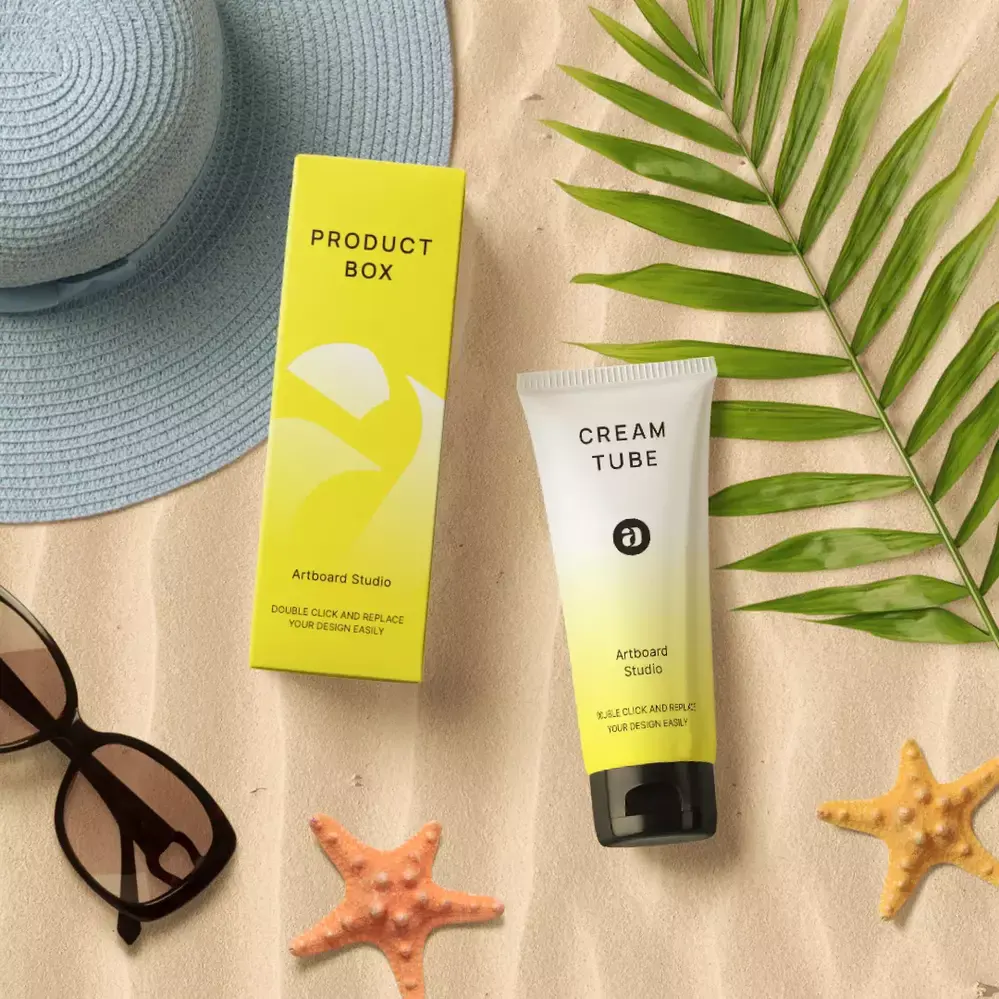 Cream Tube Mockup With Box Within Summer Props — Mockup Zone